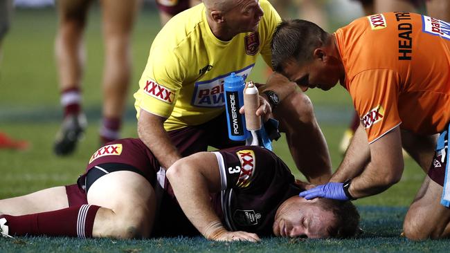 Michael Morgan was knocked out by an accidental Josh McGuire elbow. Picture: Ryan Pierse/Getty Images