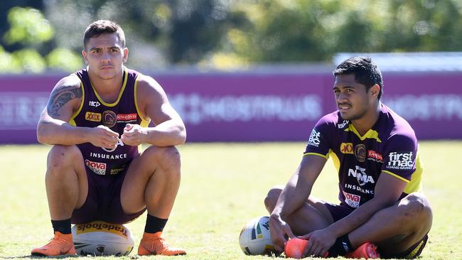 Kodi Nikorima and Anthony Milford are at the mercy of the dominance of their bigger men. Picture: AAP 