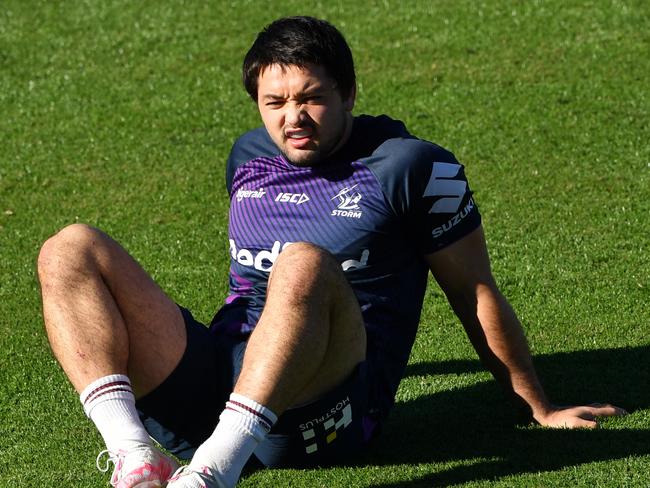 Brandon Smith is seen during an NRL Melbourne Storm training session at Sunshine Coast Stadium on the Sunshine Coast, Queensland, Monday, June 29, 2020. The Storm have moved 55 players and staff into a Sunshine Coast "bubble"  after the Queensland Government granted the club an exemption which allows the players and staff, who have been following strict COVID-19 protocols, to relocate to Queensland. (AAP Image/Darren England) NO ARCHIVING