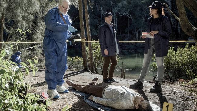 L-R: William McInnes as Doc Roy, Todd Lasance as JD and Olivia Swann as Mackey in NCIS: Sydney. Picture: Daniel Asher Smith/Paramount+