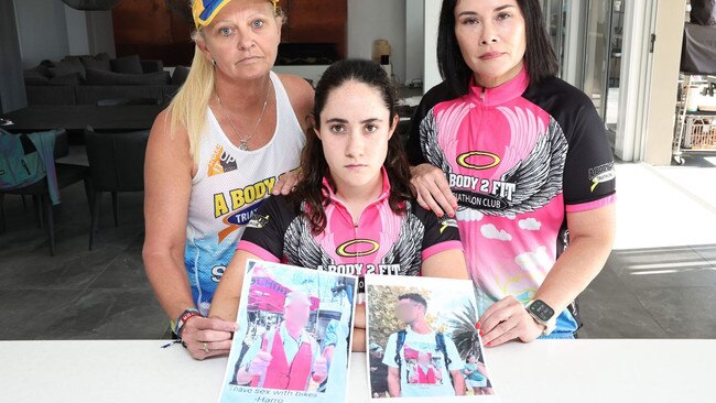 Triathlon coach Jenny Barwick (left), triathlete Zoe Wogan, 17, and mum Jacqueline Wogan with the image that was printed on T-shirts, and an image of someone wearing one of the T-shirts. Picture: Glenn Hampson