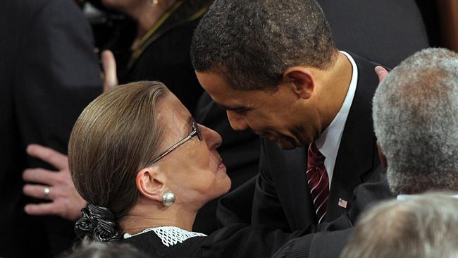 Justice Bader Ginsburg greets then-president Barack Obama. Picture: AFP