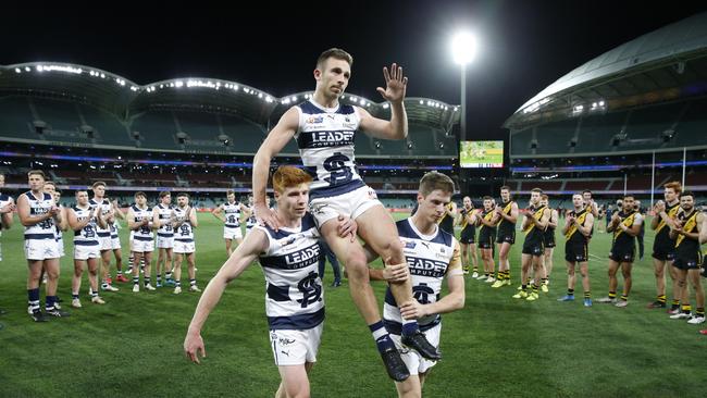 Joel Cross getting chaired off in his last SANFL game. Picture: SANFL