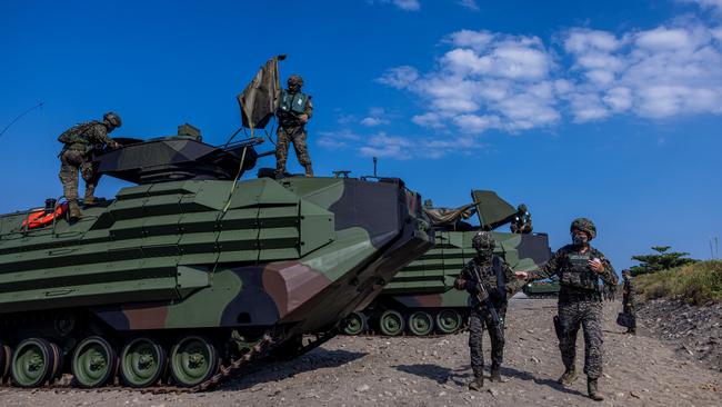 Taiwan soldiers prepare AAV7 amphibious assault vehicles after an amphibious landing drill Picture: Getty