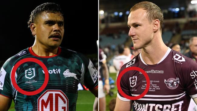 Tape fell off the NRL logos of Latrell Mitchell and Daly Chery-Evans.