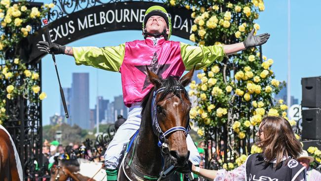 Robbie Dolan savours his Melbourne Cup win. Picture: Reg Ryan/Racing Photos via Getty Images