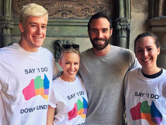 Sasse and Minogue are funding the campaign themselves, sending printed T-shirts, such as the ones they’re wearing to influential people around the world. Picture: Instagram