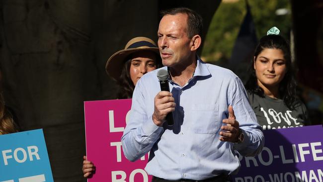 Tony Abbott speaks to the rally in Hyde Park on Sunday. Picture: David Swift