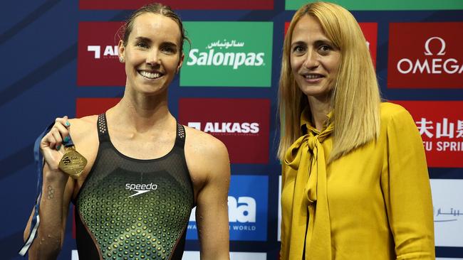 Aussie star Emma McKeon wins the gold medal in the Women's 100m freestyle at the FINA Swimming World Cup Doha in October last year. Picture: Mohamed Farag/Getty Images