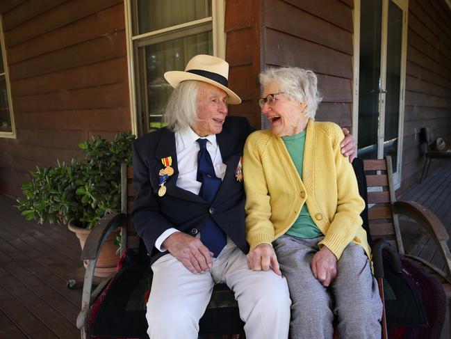 Ernie Walker, one of the last living Rats of Tobruk, pictured in April 2021, at home in Penrose in the Southern Highlands with his wife Bev ahead of Anzac Day. Picture: Britta Campion / The Australian