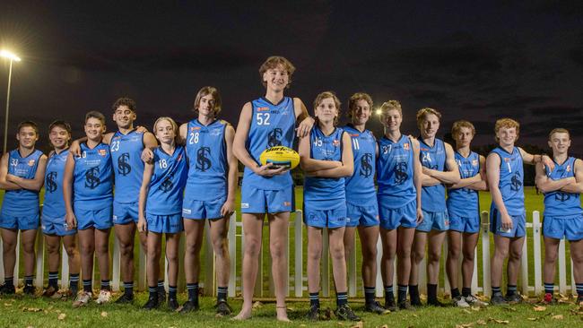 Sturt youngsters and their brothers (from left) Riki Tucker (U14), Sena Tucker (U18), Alex Tragakis (U13), Jaymes Tragakis (U18), Harry McCourt (U13), Thomas McCourt (U18), Will Torode (U18), Flynn Torode (U13), Tyler Borneman (U18), Cooper Borneman (U14), Luca Slade (U18), Naite Slade (U14), Connor Mills (U16) and Angus Mills (U14) at Unley Oval. Picture: Naomi Jellicoe