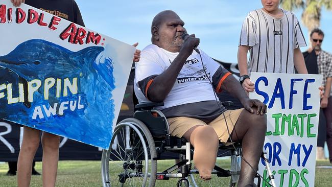 Nurrdalinji Native Title Aboriginal Corporation chair, Samuel Janama Sandy, speaking at a protest against Middle Arm ahead of the second day of public hearings about the proposed development in Darwin. Picture: Fia Walsh.