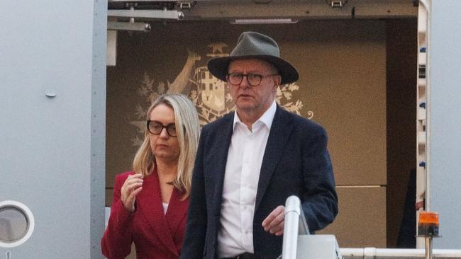 Anthony Albanese on return from the US with his partner Jodie Haydon. Picture: NCA NewsWire / David Swift