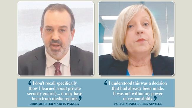 Jobs Minister Martin Pakula and Police and Emergency Services Minister Lisa Neville give evidence at the hotel quarantine inquiry on Wednesday.