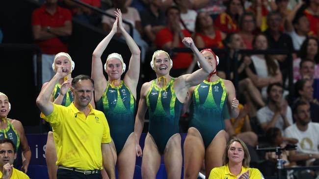 Australia’s women’s water polo team also celebrated silver. Picture: Adam Head