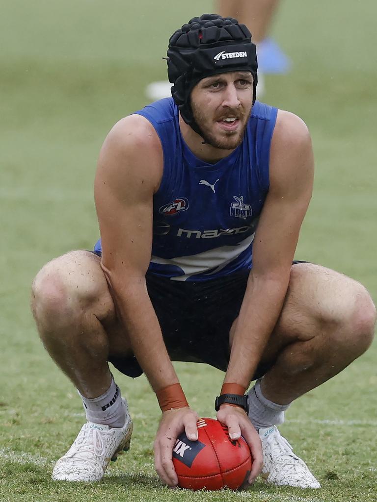 Tristan Xerri is enjoying taking over as No.1 ruckman for the Kangaroos. Picture: Michael Klein