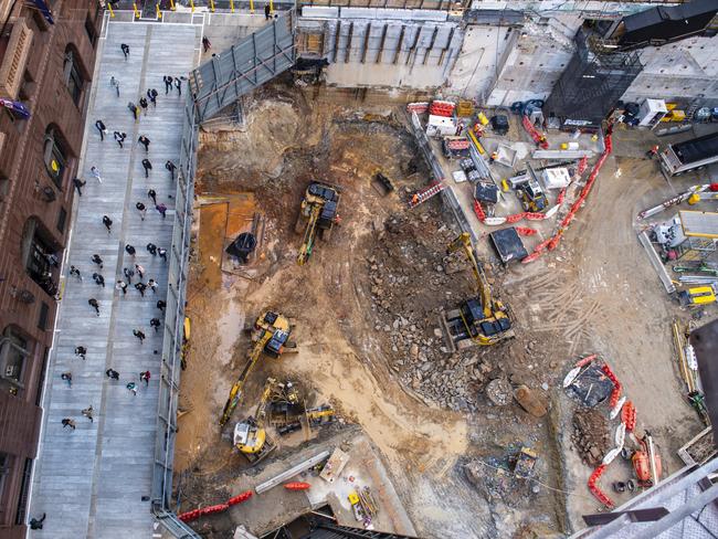 The view from a crane, approximately 60 metres above Sydney Metro's construction site at Martin Place South.