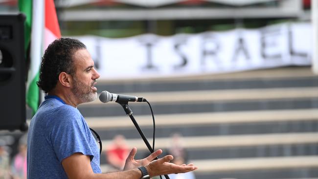 Dr Ziad Basyouny, independent candidate for Watson, addresses protestors as hundreds turn-out for an anti-racism rally in Bankstown. Picture: Jeremy Piper