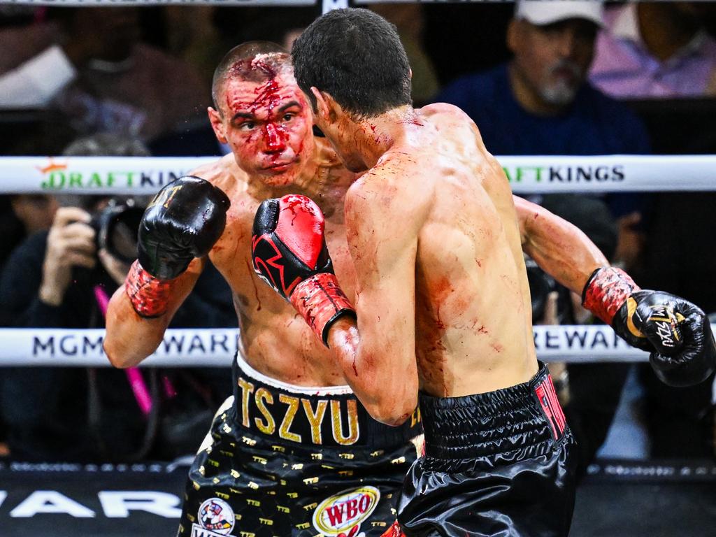 LAS VEGAS, NV – MARCH 30: (EDITORS NOTE: Image depicts graphic content) Tim Tszyu (in gold &amp; black short) and Sebastian Fundora (in red &amp; black short) exchange punches during their super welterweight world titles of the Premiere Boxing Championship on Saturday night as Sebastian Fundora wins at the T-Mobile Arena in Las Vegas, Nevada, United States on March 30, 2024. (Photo by Tayfun Coskun/Anadolu via Getty Images)