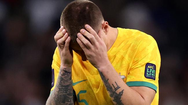 AL WAKRAH, QATAR - FEBRUARY 02: Mitchell Duke of Australia stands dejected following defeat after extra time during the AFC Asian Cup quarter final match between Australia and South Korea at Al Janoub Stadium on February 02, 2024 in Al Wakrah, Qatar. (Photo by Robert Cianflone/Getty Images)