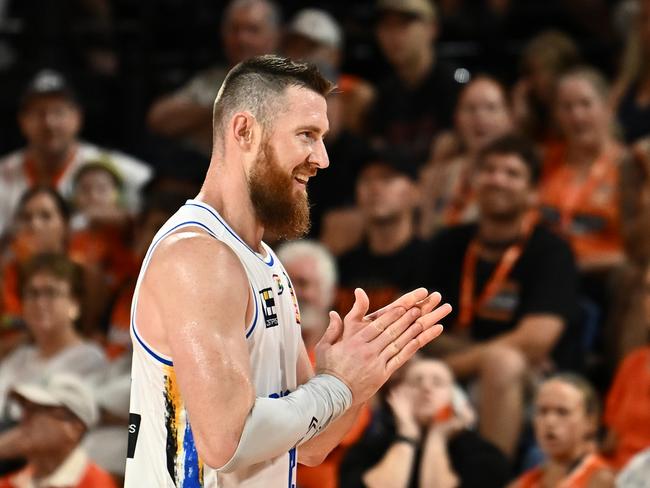 CAIRNS, AUSTRALIA - JANUARY 21: Aron Baynes of the Bullets leaves the court during the round 16 NBL match between Cairns Taipans and Brisbane Bullets at Cairns Convention Centre, on January 21, 2024, in Cairns, Australia. (Photo by Emily Barker/Getty Images)