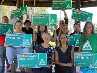 The Greens' Lismore candidate Sue Higginson and MP Cate Faehrmann with supporters of their party's drug reform plans. Picture: Liana Turner