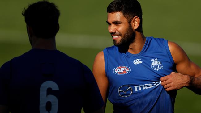 Tarryn Thomas looks on during the North Melbourne Kangaroos training session at Arden Street on June 02, 2021 in Melbourne, Australia. (Photo by Michael Willson/AFL Photos via Getty Images)