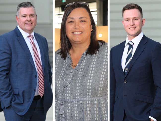 Geelong councillors Anthony Aitken, left, Kylie Grzybek, centre, and Trent Sullivan who is also mayor