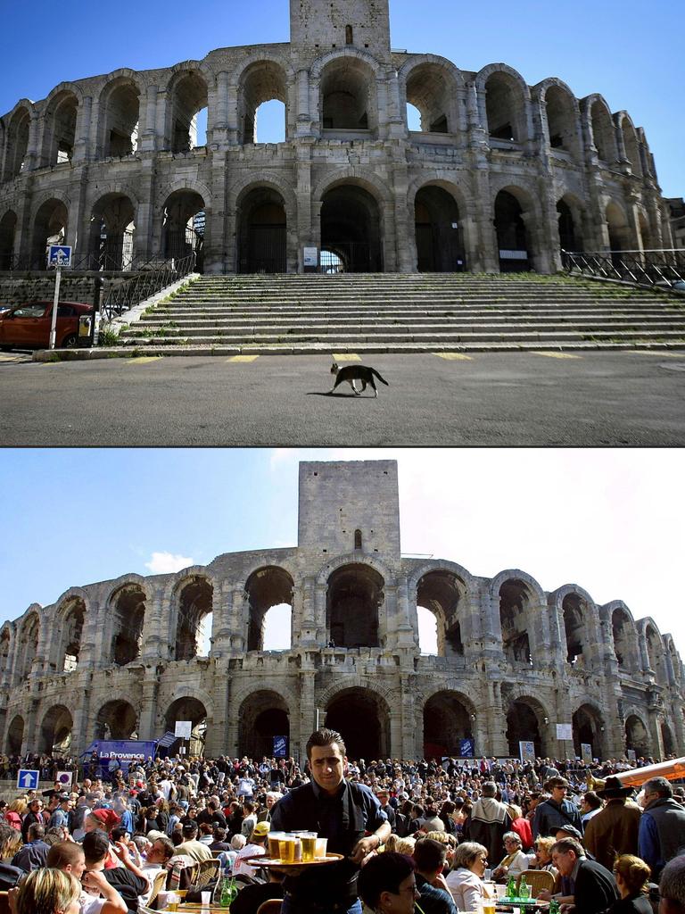 This combination of pictures shows what the Arles Amphitheatre in southern France looked like on Easter this year compared with Easter in 2004. Picture: Anne-Christine Poujoulat/AFP