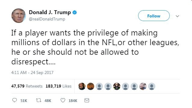 Tweets made by the US President Donald Trump about the kneeling protests made by many US NFL teams.Picture: Twitter @realDonaldTrump