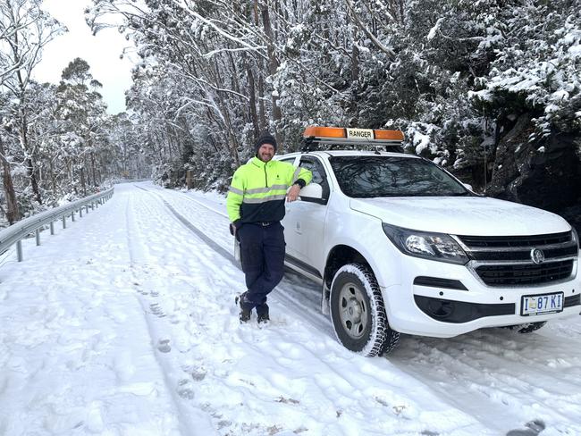 Jeram Cowley from Hobart City Council's Bushland Project Team in the snow on kunanyi/Mt Wellington. Picture: Craig Warhurst