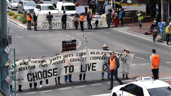 The Extinction Rebellion protest in Adelaide. Picture: AAP Image/David Mariuz