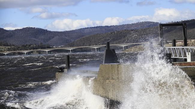 Wild weather in Hobart. Wind lashes the Montrose Bay foreshore. Picture: Kelvin Ball