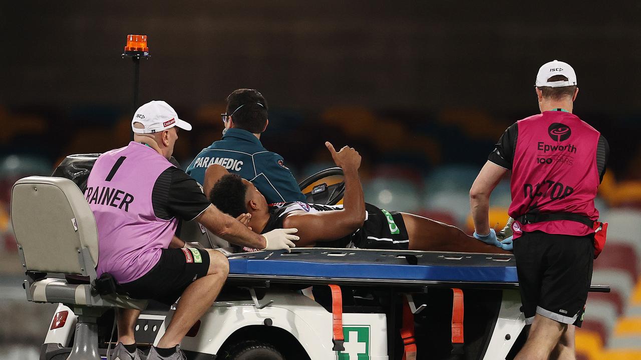 Isaac Quaynor was taken from the field during the fourth quarter. Photo: Michael Klein.