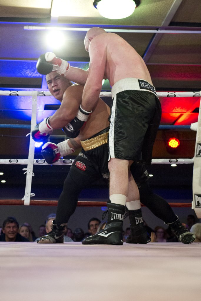 Herman Ene-Purcell fights Justin Whitehead in an Australian heavyweight title eliminator at Smithy and TGW Bring The Big Fights 14 at Rumours International, Saturday, October 22, 2016. Picture: Kevin Farmer