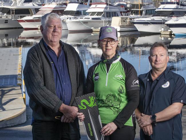 Lindisfarne RSL President Chris Parker, Derwent Storms dragon boat paddlers Marianne Stephenson and Motor Yacht Club of Tasmania Commodore Brian Edmonds. Picture: Chris Kidd