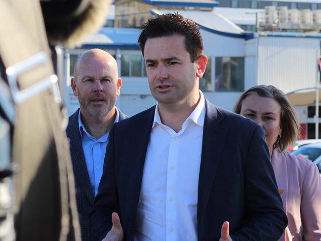 Labor Leader Dean Winter speaking at the Spirit of Tasmania terminal in Devonport. Picture: Supplied.