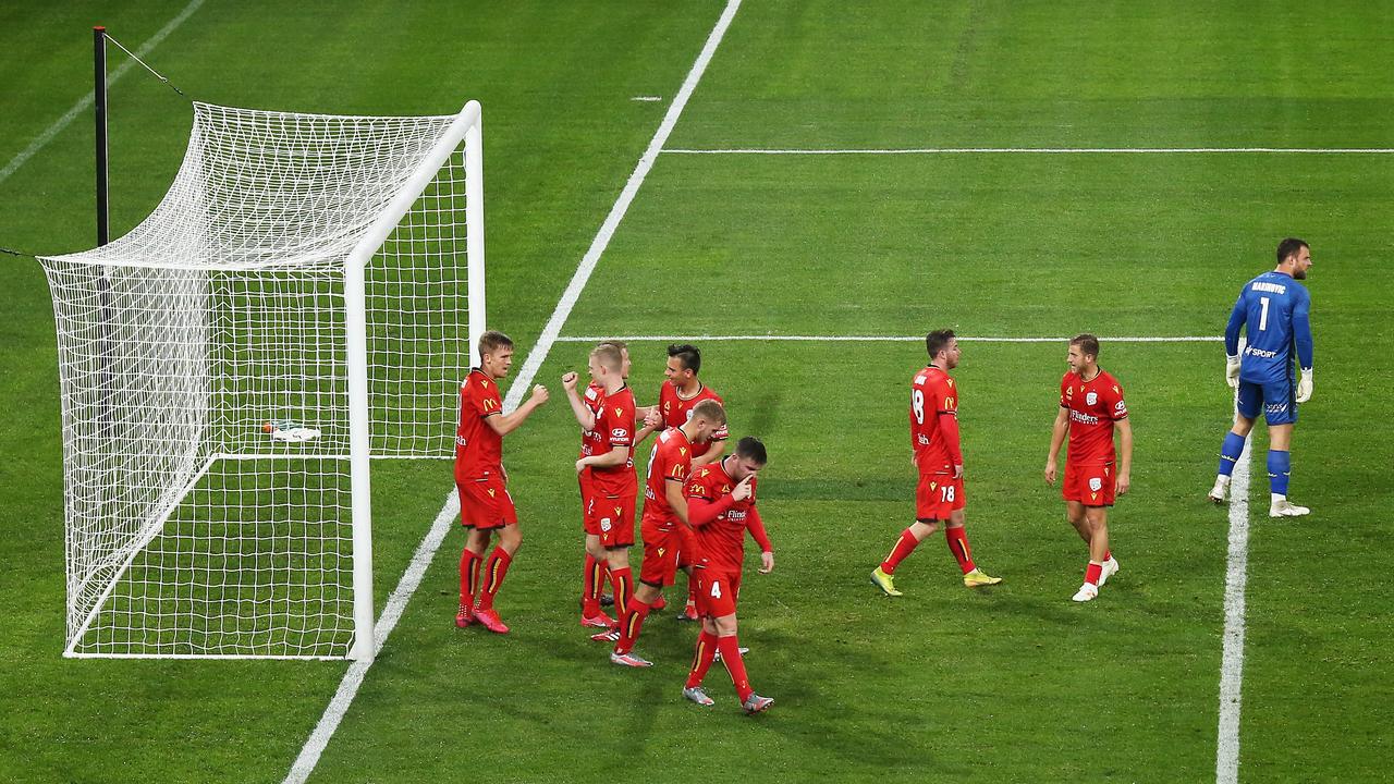 The Reds celebrate against Wellington Phoenix. Picture: Matt King/Getty Images