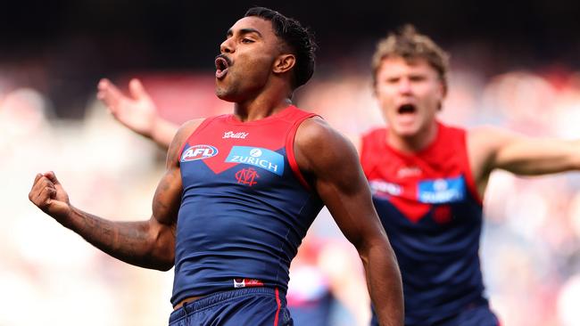 MELBOURNE, AUSTRALIA - APRIL 19: Kysaiah Pickett of the Demons celebrates kicking a goal during the round six AFL match between Melbourne Demons and Fremantle Dockers at Melbourne Cricket Ground, on April 19, 2025, in Melbourne, Australia. (Photo by Kelly Defina/Getty Images)