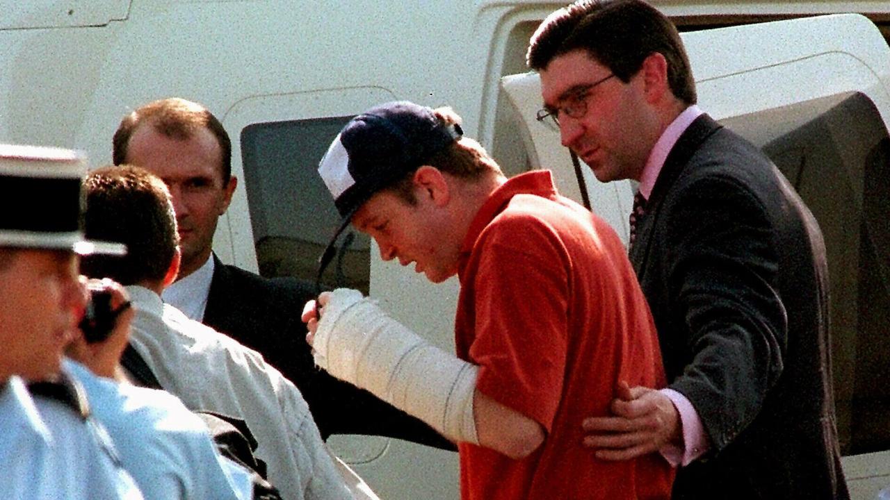 Bodyguard Trevor-Rees Jones arrives at the Issy-les-Moulineaux heliport near Paris on October 3 1997 on leaving hospital after the crash. Picture: AP Photo/Michel/Lipchitz.