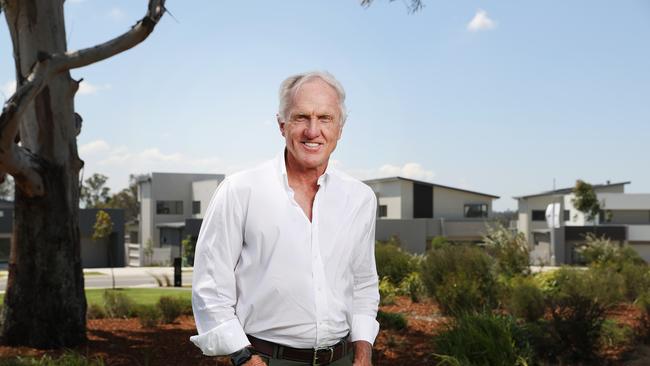 Golfing great Greg Norman in Gledswood Hills late last year launching his new real estate venture – Norman Estates which includes 190 homes and a 9 hole golf course. Picture: Rohan Kelly