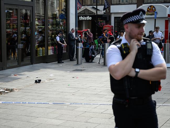 A police officer stands near a cordoned-off area after 11-year-old Laila was stabbed at London’s Leicester Square on August 12. Picture: Getty Images