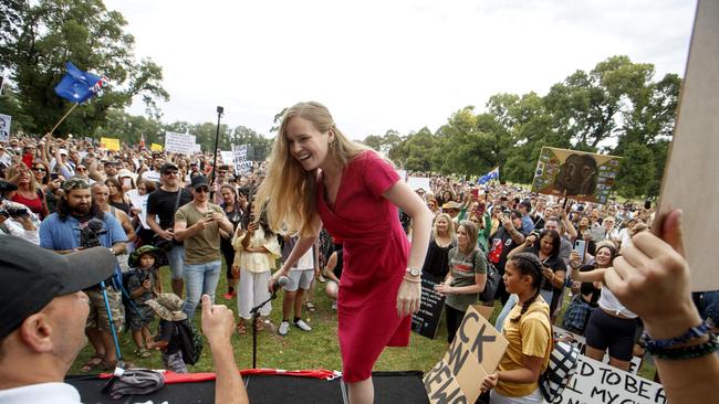 Moncia Smit claims to be a journalist but has spoken to large crowds at multiple anti-lockdown rallies. Picture: NCA NewsWire / David Geraghty