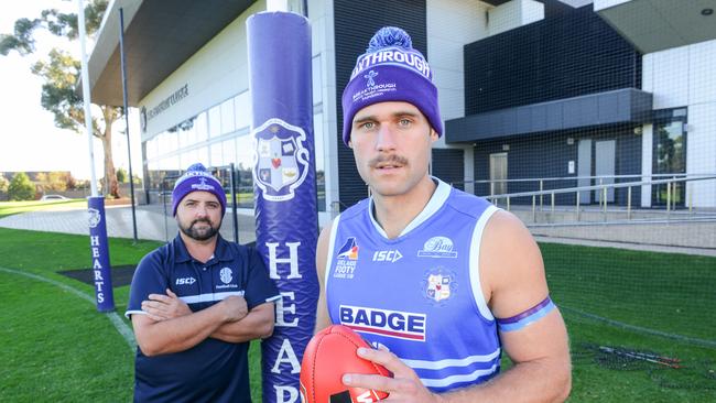 Sacred Heart Old Collegians coach Steve Kay and former South Adelaide star Alex Cailotto look set to lead Hearts to a 2022 flag. Picture: Brenton Edwards