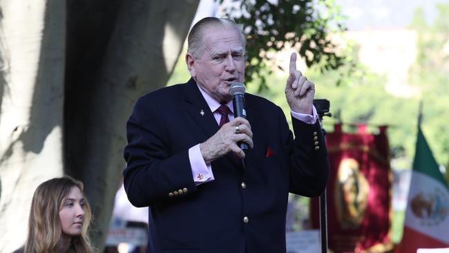 Reverend Fred Nile speaking to the crowd. Picture: David Swift