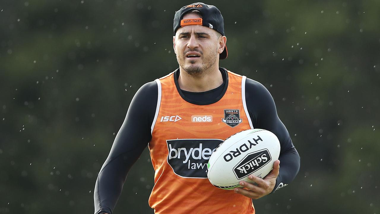 SYDNEY, AUSTRALIA - MARCH 19: Josh Reynolds looks on during a Wests Tigers NRL training session at St Luke's Park North on March 19, 2019 in Sydney, Australia. (Photo by Mark Kolbe/Getty Images)