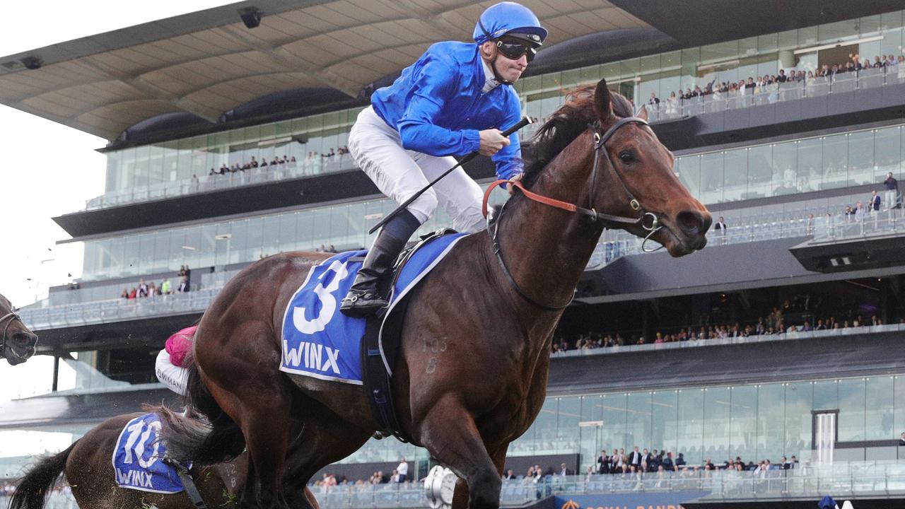 James McDonald sitting up on Anamoe after winning the Group 1 Winx Stakes first-up at Randwick. Picture: Racing Photos