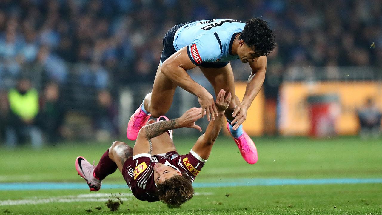 The brutal hit that changed Game 1. Photo: NRL Photos / Brett Costello