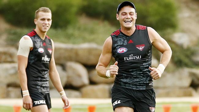 Nathan Grima at Essendon training but has still found time for SuperCoach. Picture: Colleen Petch