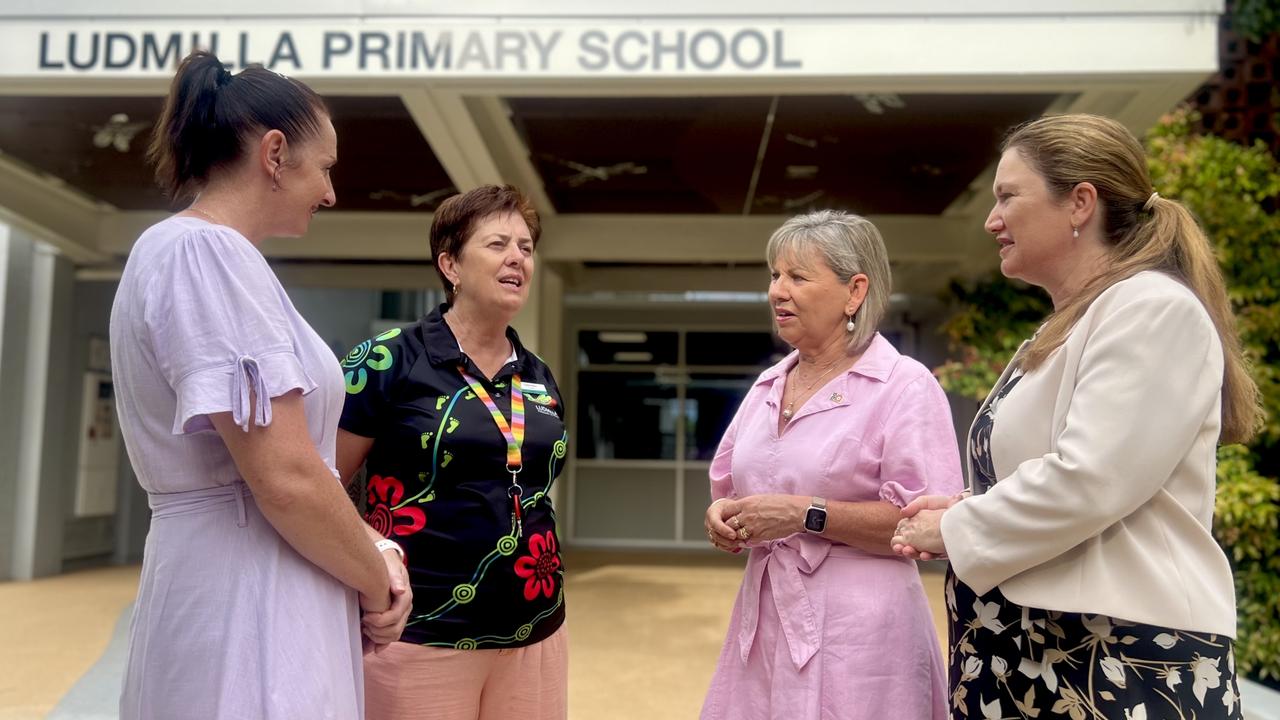 Darwin, NT, 29/1/25: Fannie Bay MLA Laurie Zio, Principal Carol Putica, Education Minister Jo Hersey, and Education Department CEO Susan Bowden. Students at Ludmilla Primary School celebrated their return for the new school year with a parents and kids breakfast. Picture: Fia Walsh.